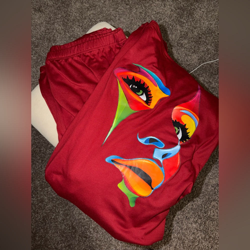 Red Artistic Face Print Top and Bottom Matching Set